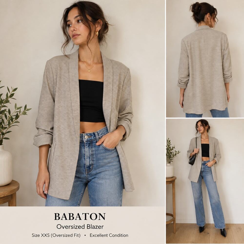 Aritzia Babaton Power Blazer Sz 4 Micro Houndstooth Tan Gray Oversized Jacket